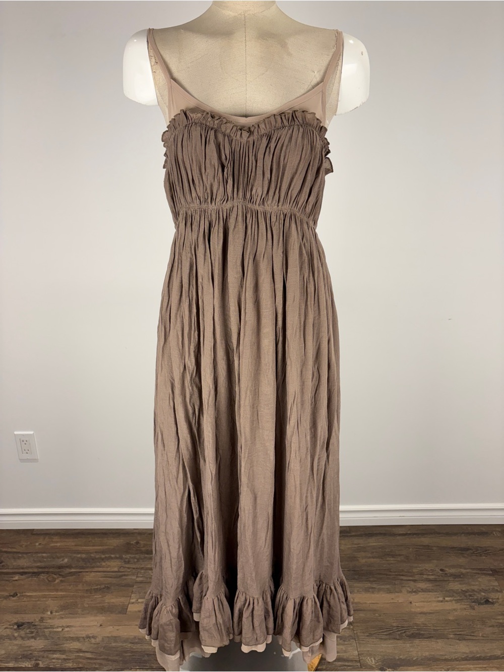 Ryu Brown Ruffle Maxi Dress Boho Whimsical Cottagecore Layered S